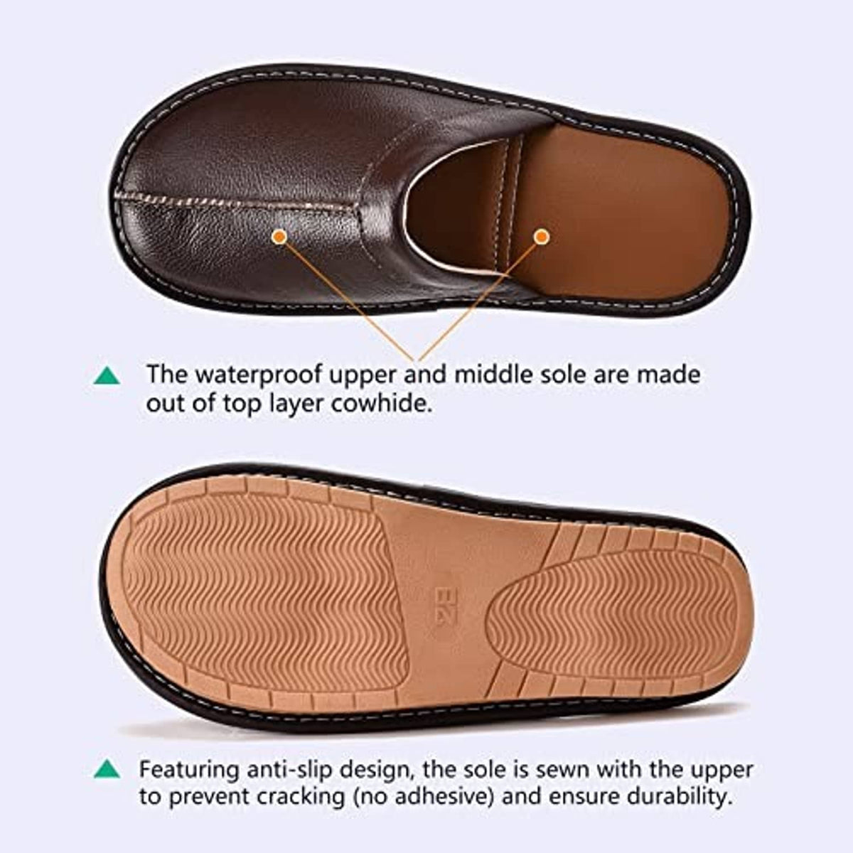 Dark brown leather slippers with profile view of upper, sole, and stitching