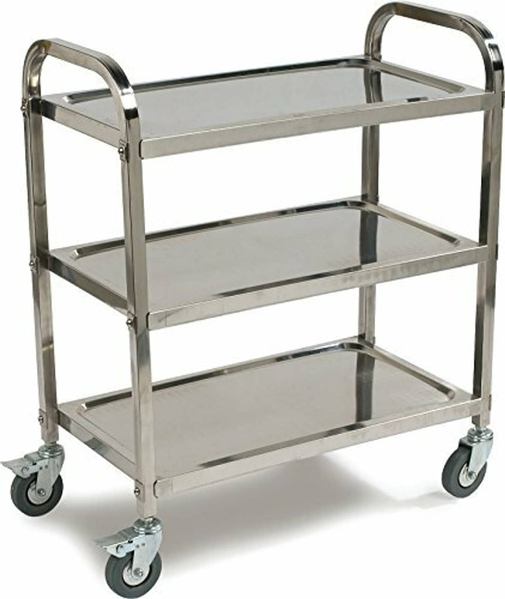 Stainless steel utility cart with three flat shelves and caster wheels
