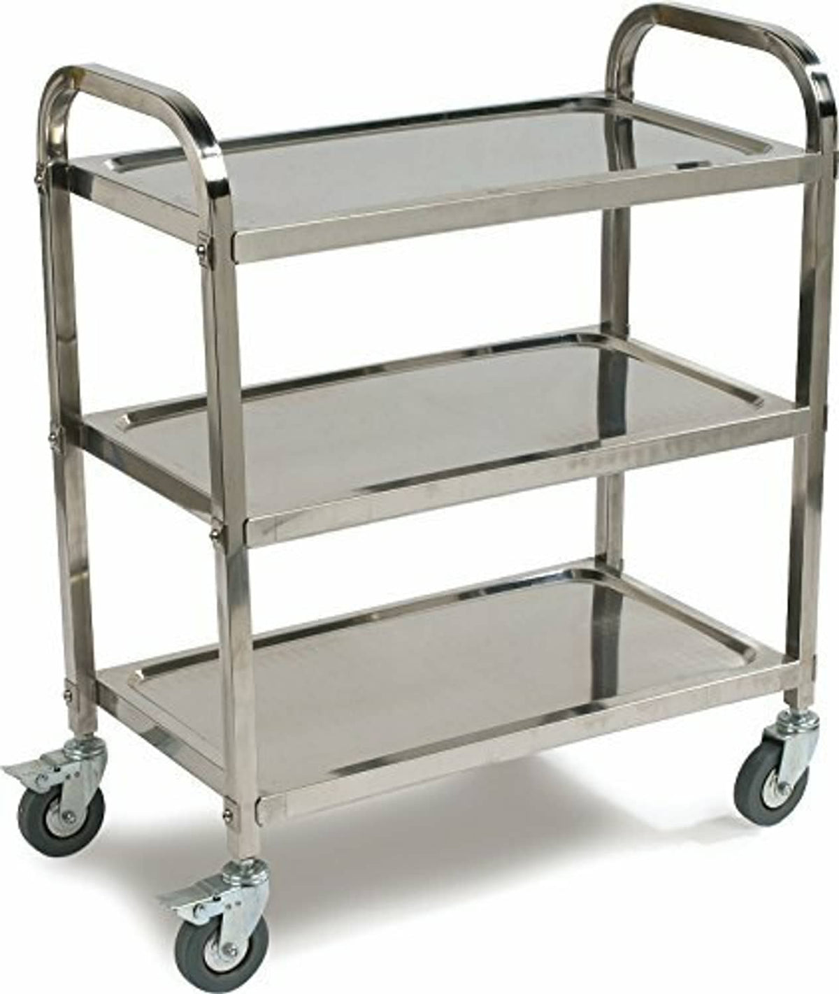 Stainless steel utility cart with three flat shelves and caster wheels