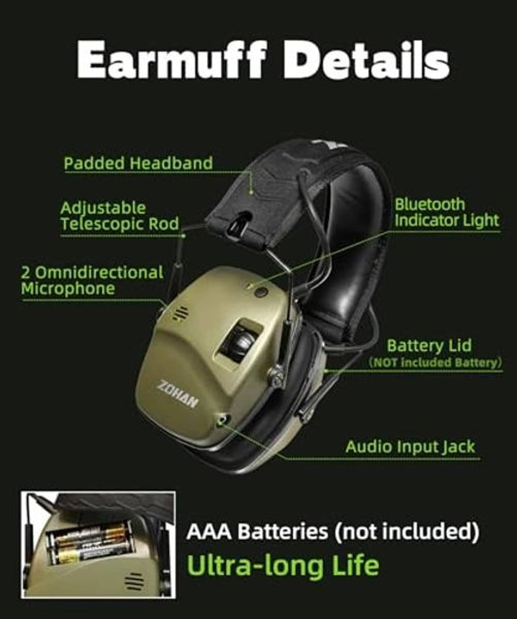 Electronic earmuff detail: padded headband, telescopic adjustment, microphone, indicator light, jack