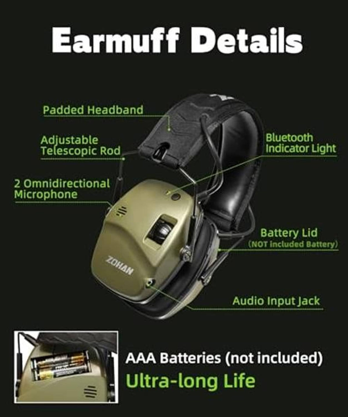 Electronic earmuff detail: padded headband, telescopic adjustment, microphone, indicator light, jack