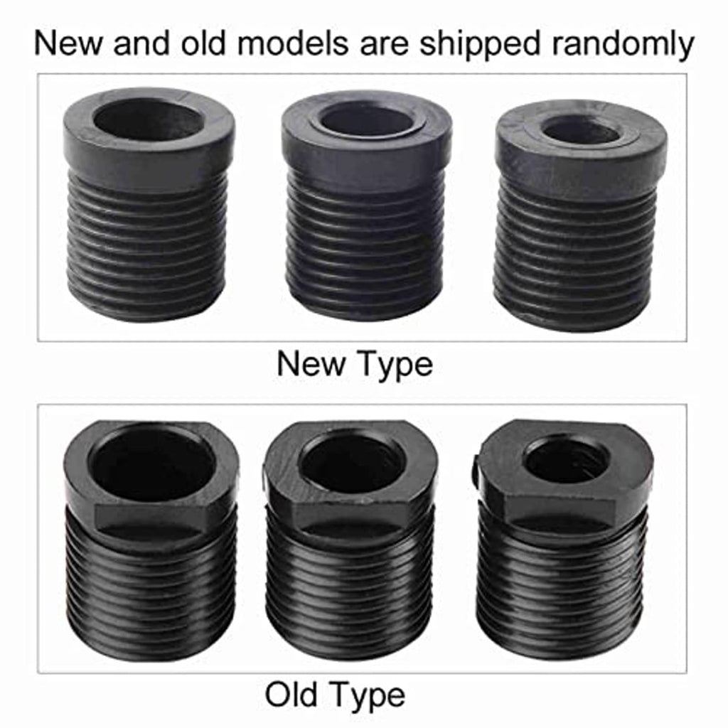 Three black shift knob adapters showing new and old types with open centers