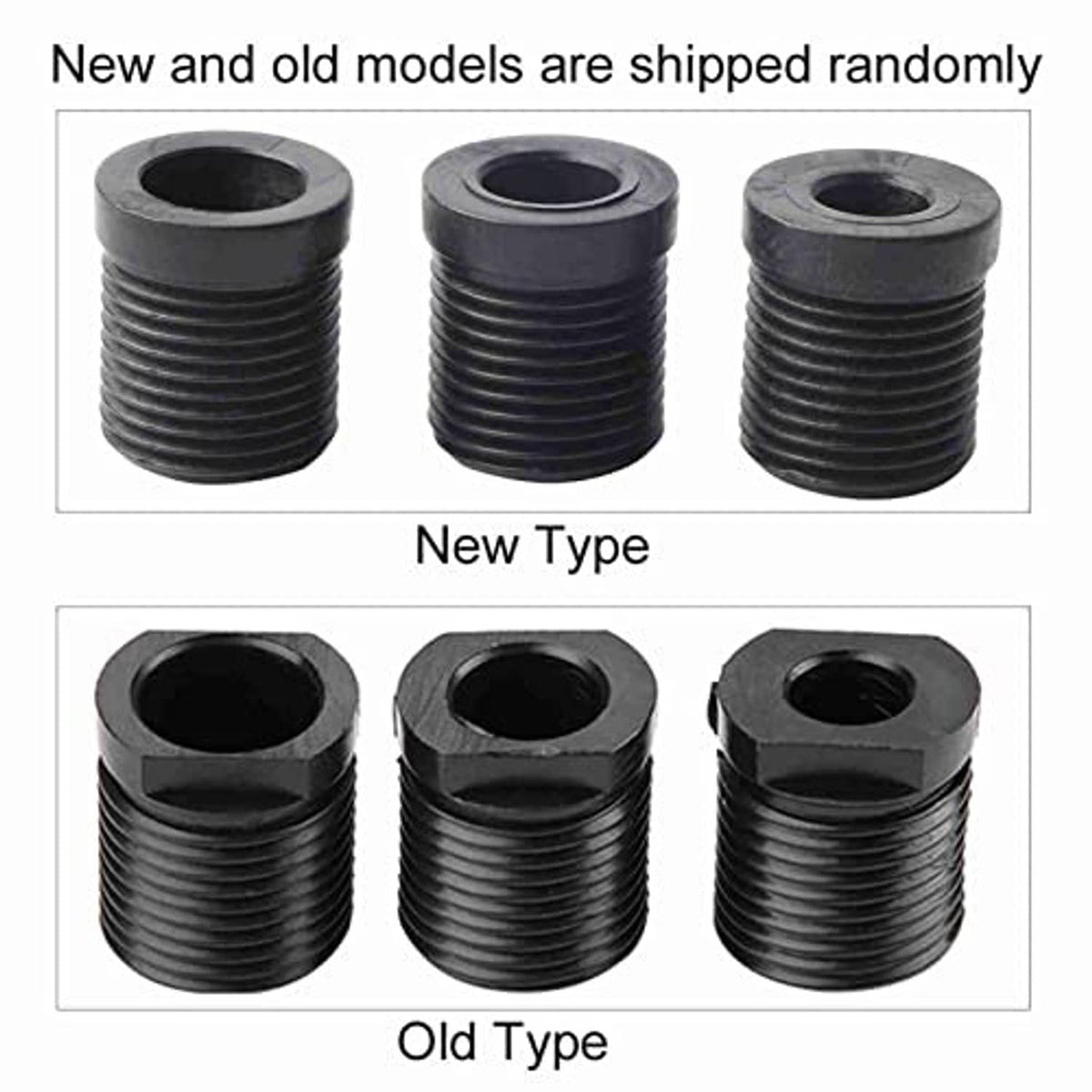Three black shift knob adapters showing new and old types with open centers