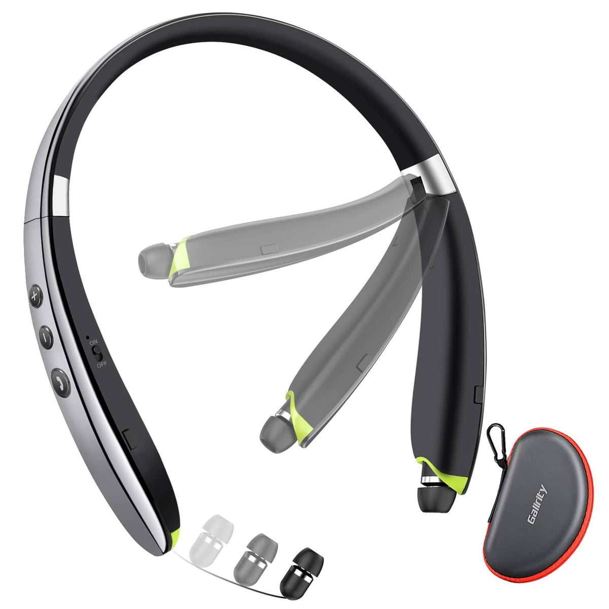 Grey neckband Bluetooth headset with earbuds, plus small accessories in black and grey.