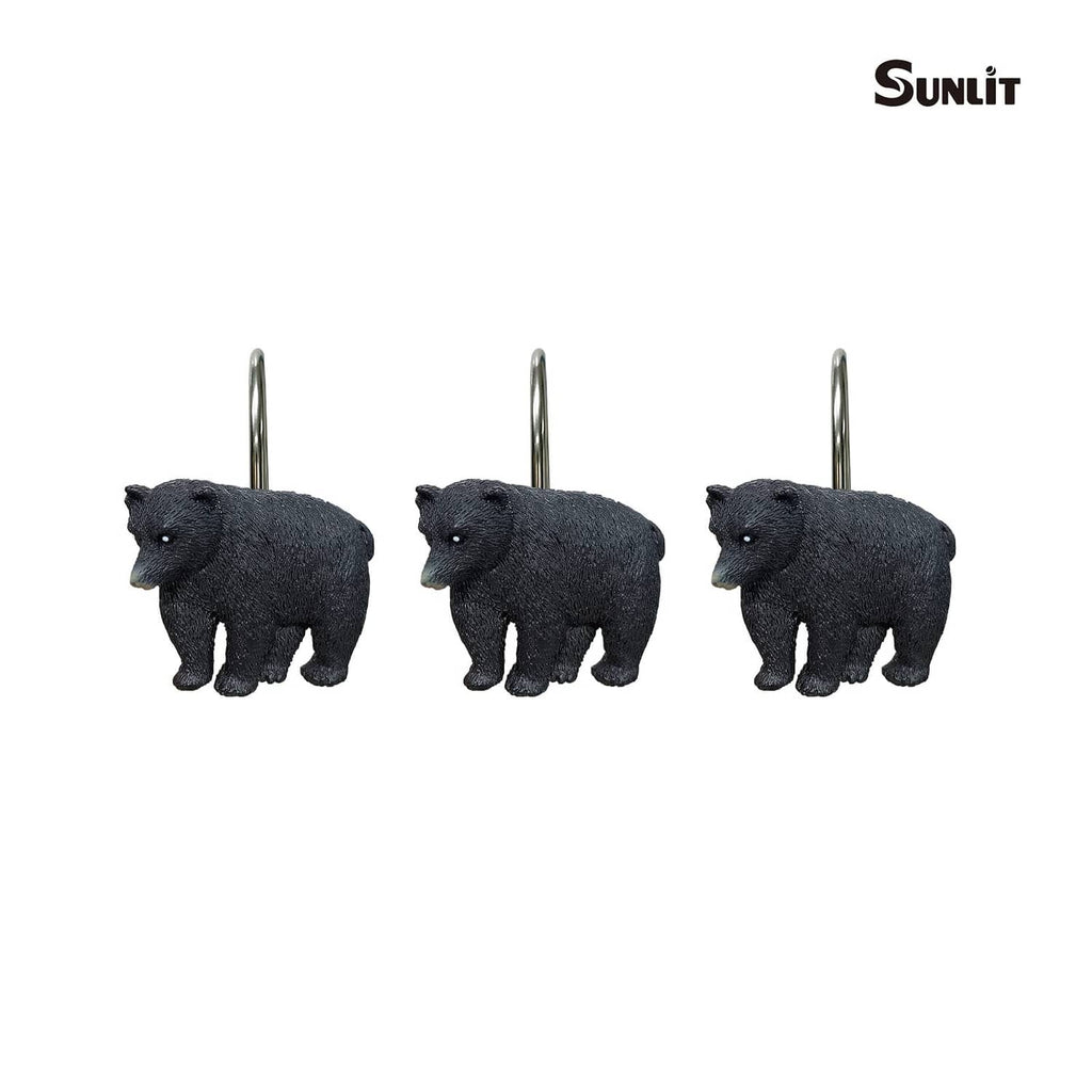 Black bear shower curtain hooks, three with curved silver metal loops