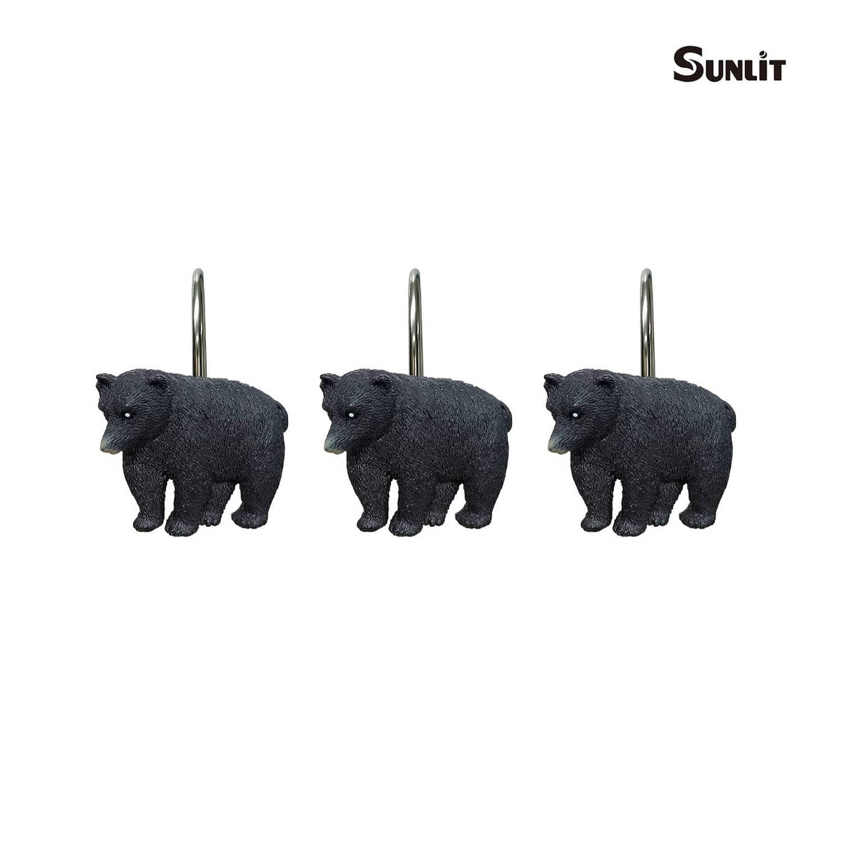 Black bear shower curtain hooks, three with curved silver metal loops