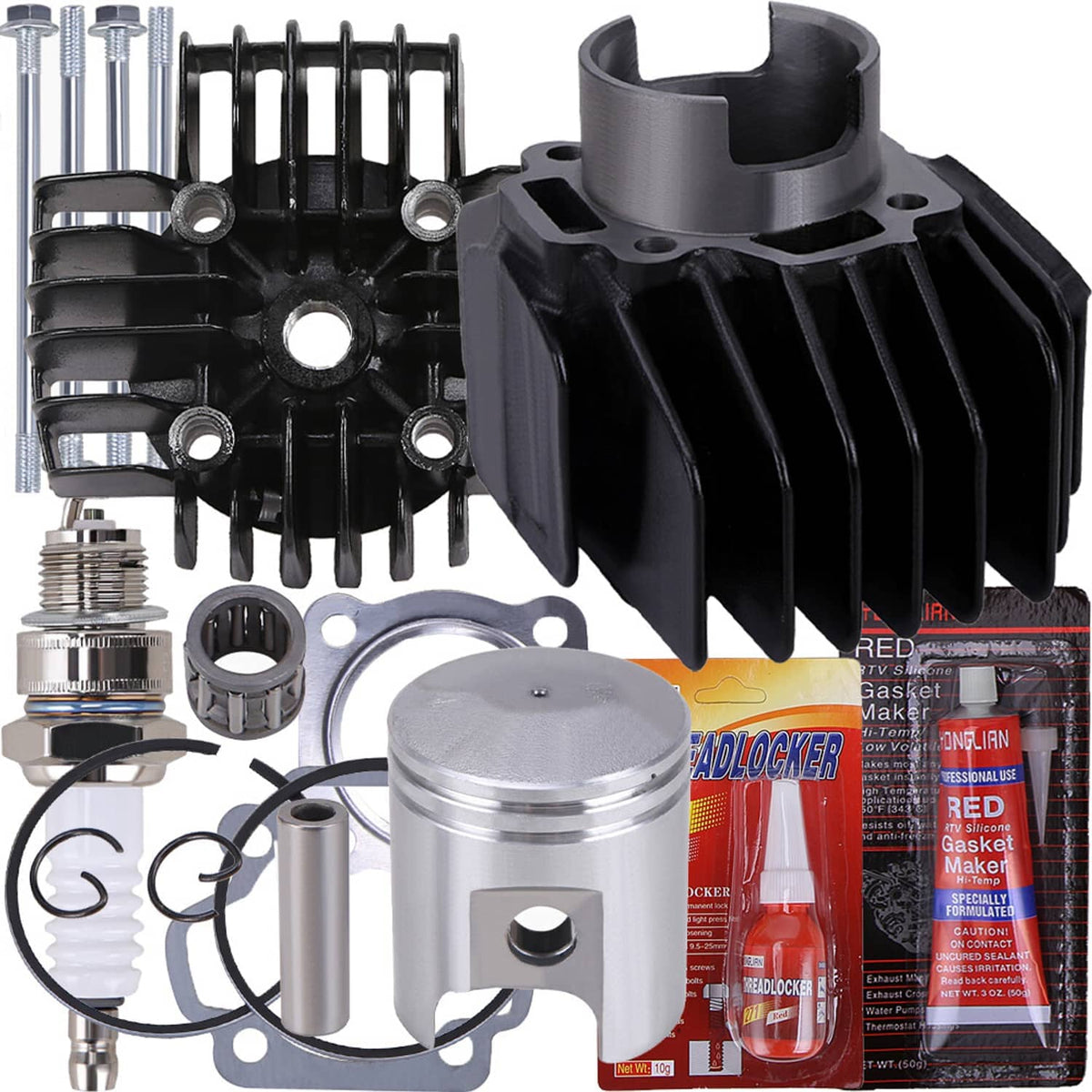 Motorcycle cylinder piston head kit side view with black fins, silver piston, and gaskets