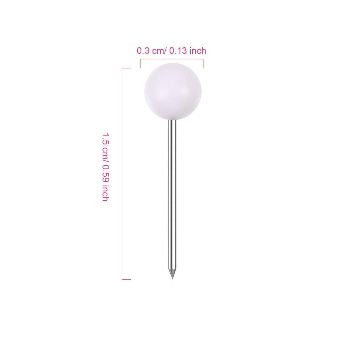 White map push pin with round ball head and metal needle, 1/8 in size