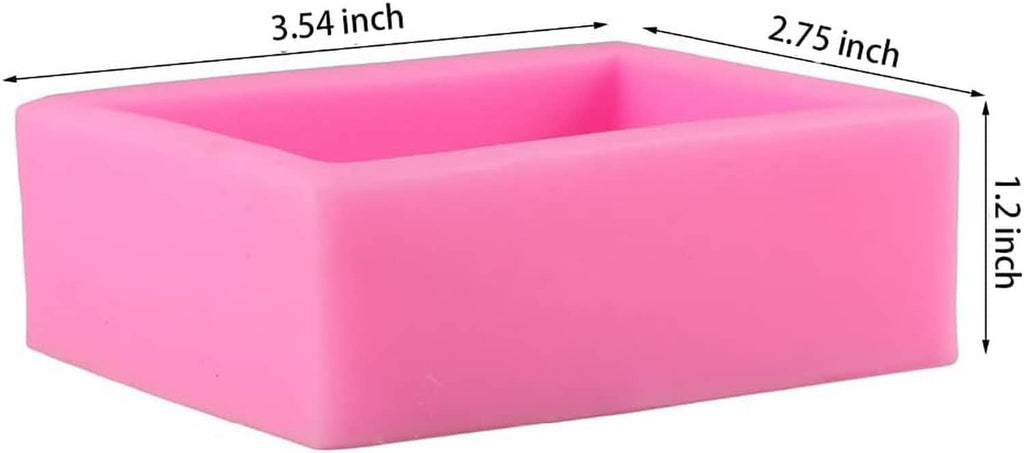 Pink rectangular silicone soap mold cavity with size markings: 3.54 in x 2.75 in