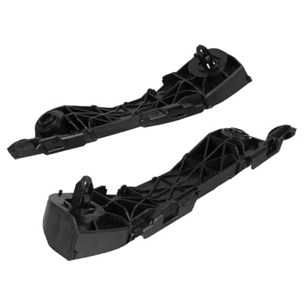 Black plastic front bumper bracket support pair, angled view with clips and tabs