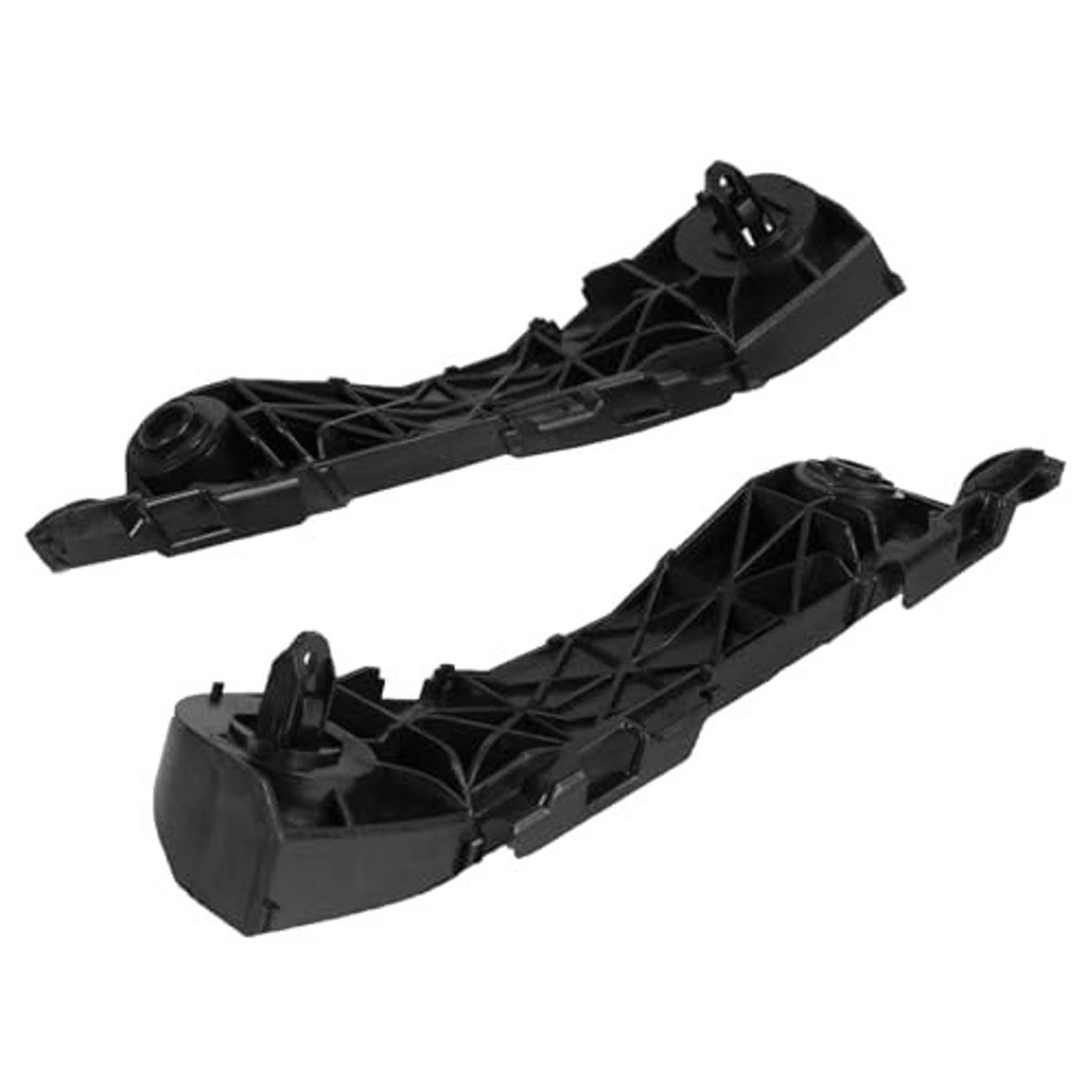 Black plastic front bumper bracket support pair, angled view with clips and tabs