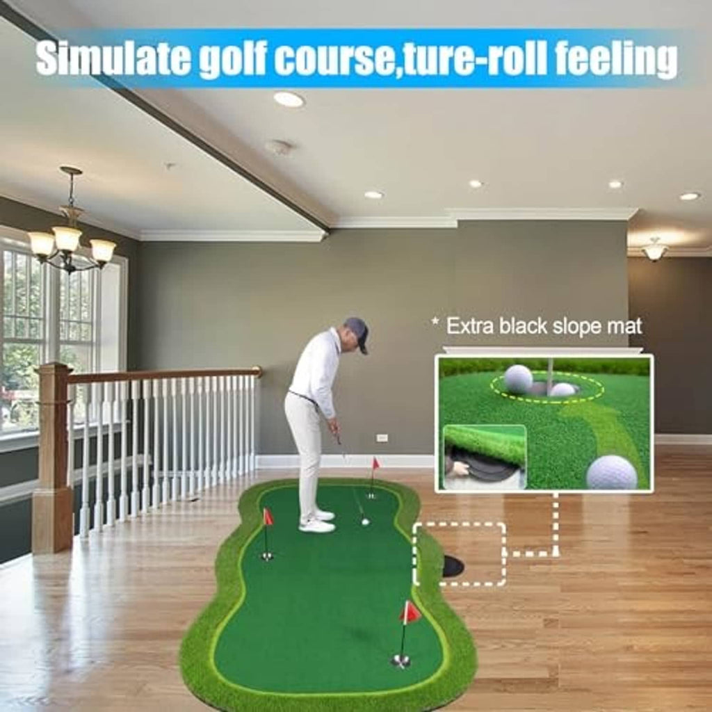 Golf putting green mat with green turf, four hole cups, and red flag pins on a floor