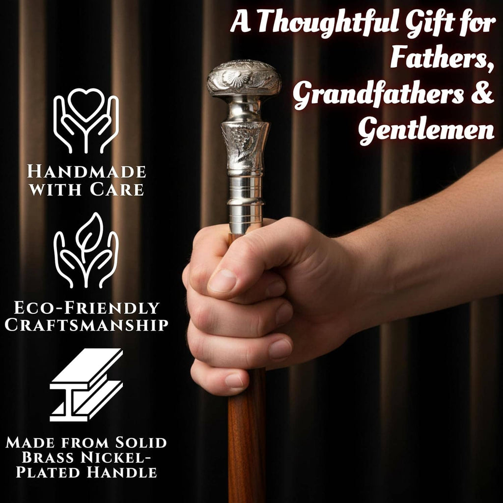Wooden walking cane with silver grip and engraved metallic handle section