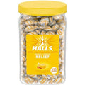 Halls Relief Honey Lemon cough drops jar with yellow lid and 250 drops label