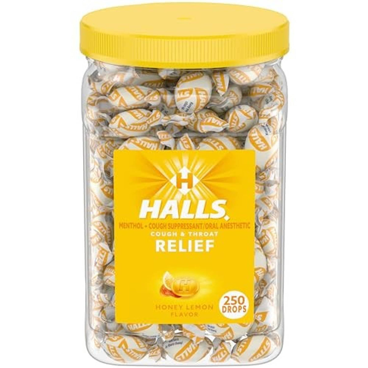 Halls Relief Honey Lemon cough drops jar with yellow lid and 250 drops label