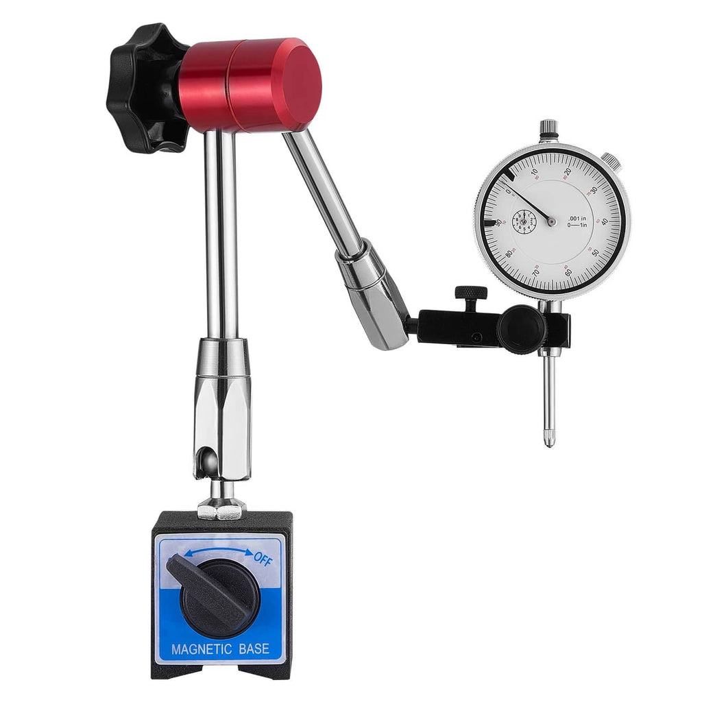 Dial test indicator with red housing and magnetic base, round analog gauge and probe