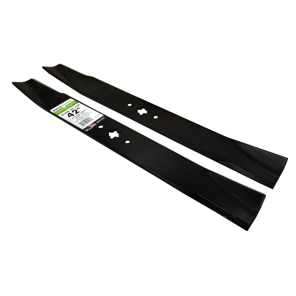 Two black mower blades with 6-point star mounting holes and label
