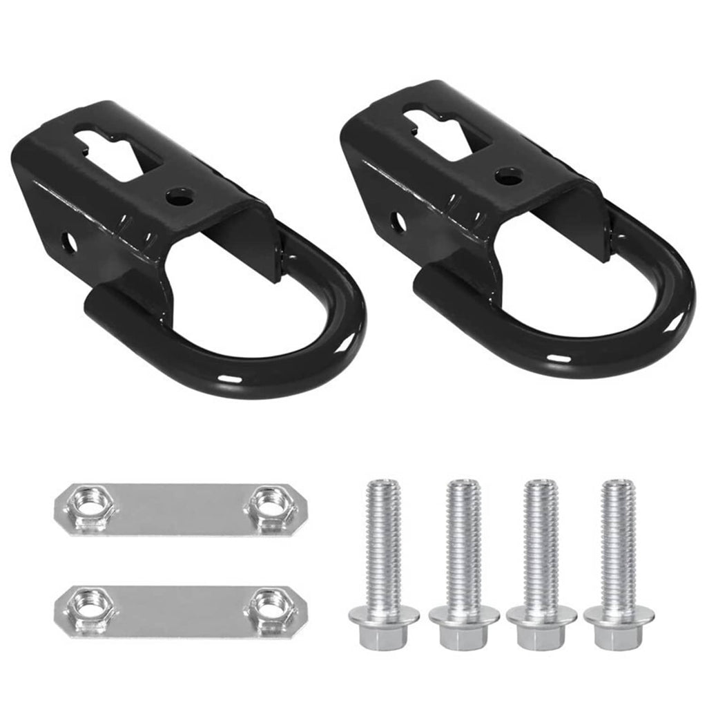 Pair of black front tow hooks with mounting plates and oval loop openings
