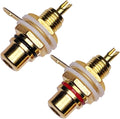 Gold-plated chassis-mount audio jack pair with red and black bands on the terminal section.