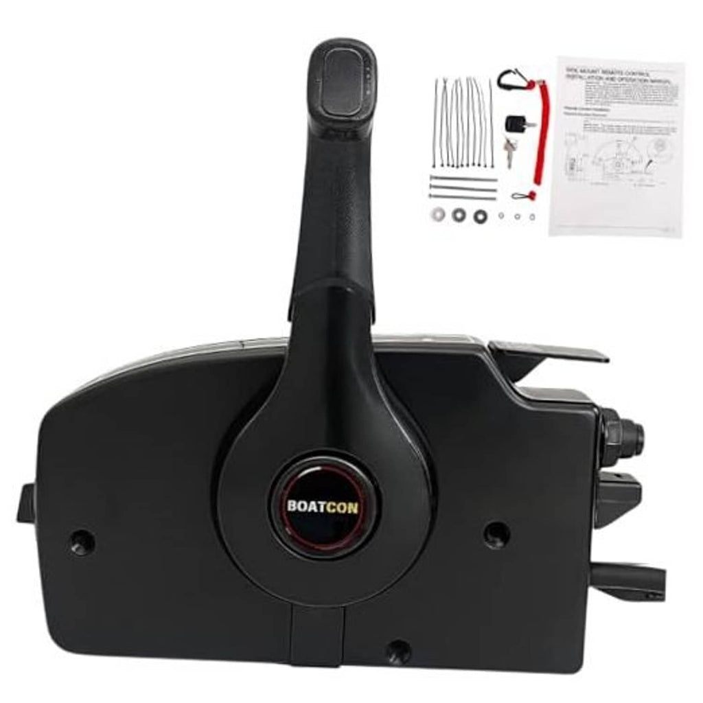 Black 8-pin side-mount outboard remote control box with lever and BOATCON logo