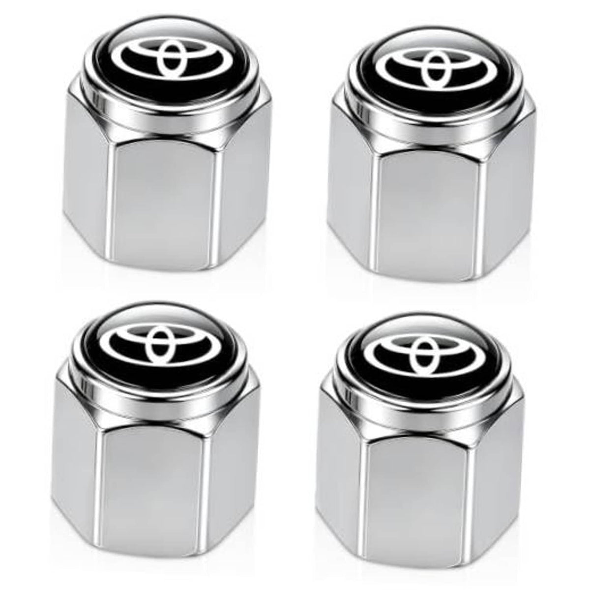 Silver metal tire valve stem cap with black top and Toyota emblem, hex shape