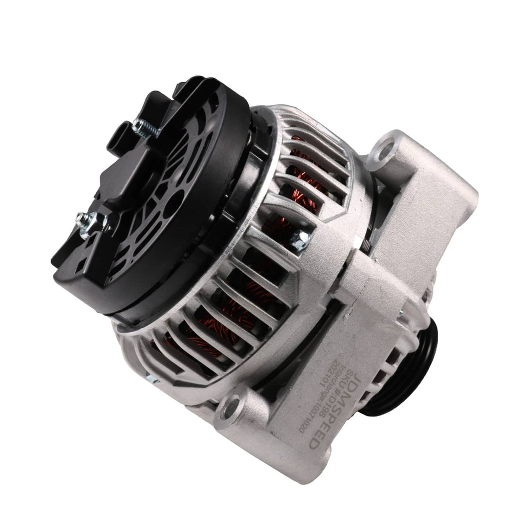 Car alternator with pulley, silver vented housing, and black fan-style back