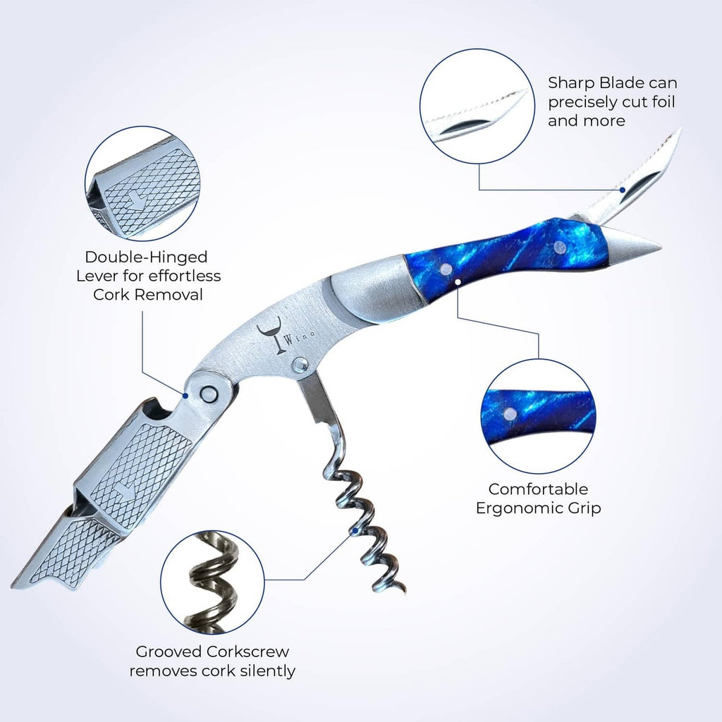 Blue-handled stainless corkscrew with foil-cut blade and double-hinged lever