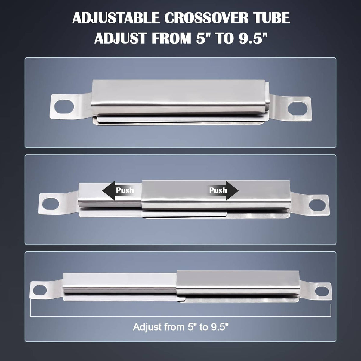 Adjustable stainless crossover tube assembly with push-fit mechanism for grill parts