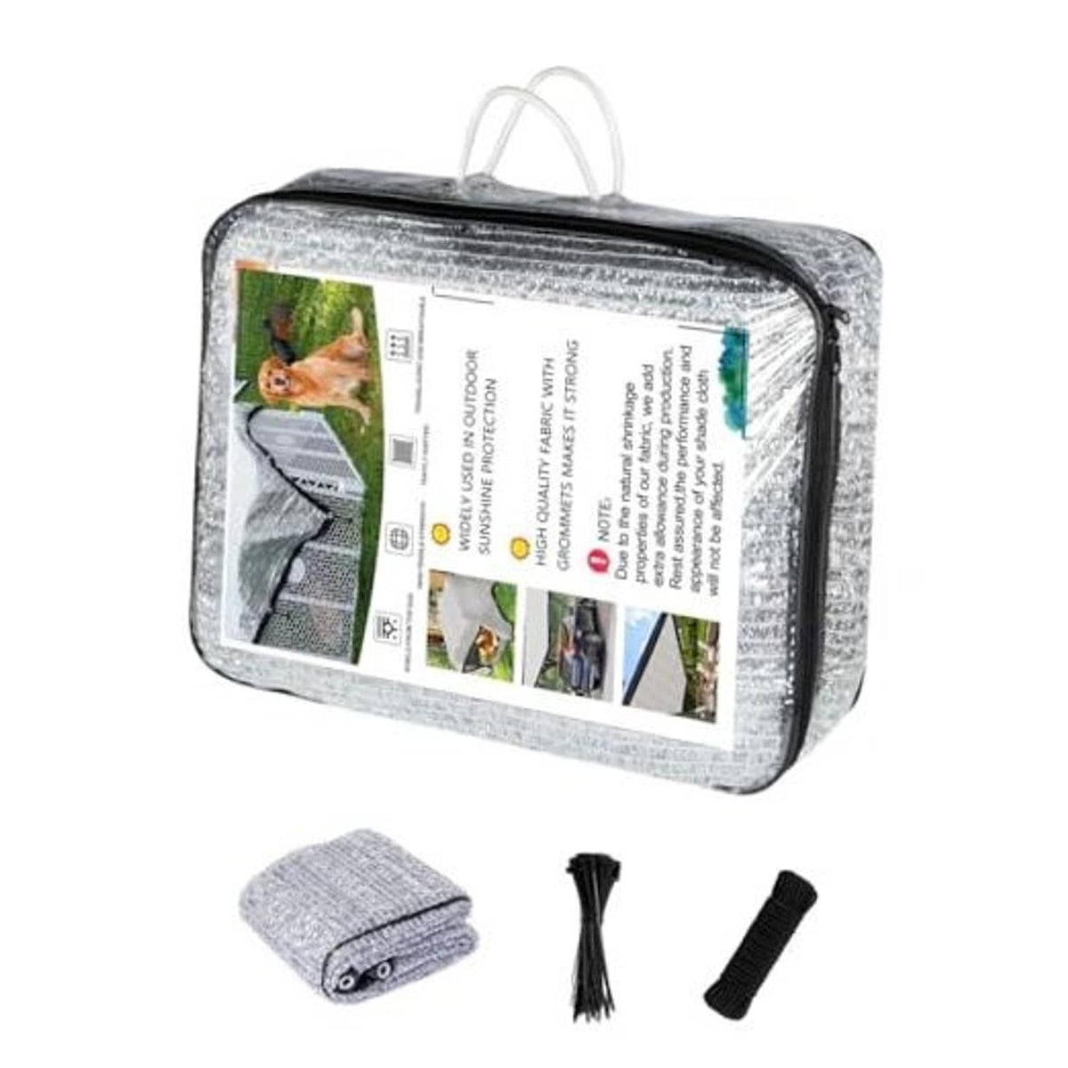 Reflective aluminum shade cloth kit in zip bag with rolled fabric and grommets ties