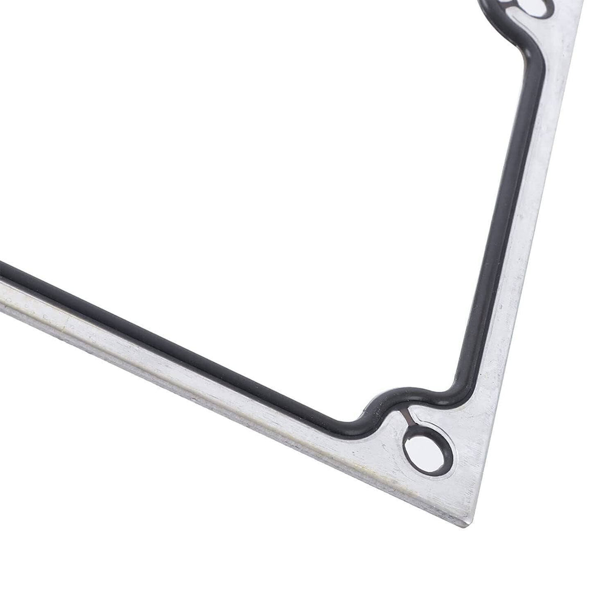 Engine valley cover plate corner section with circular mounting hole, silver