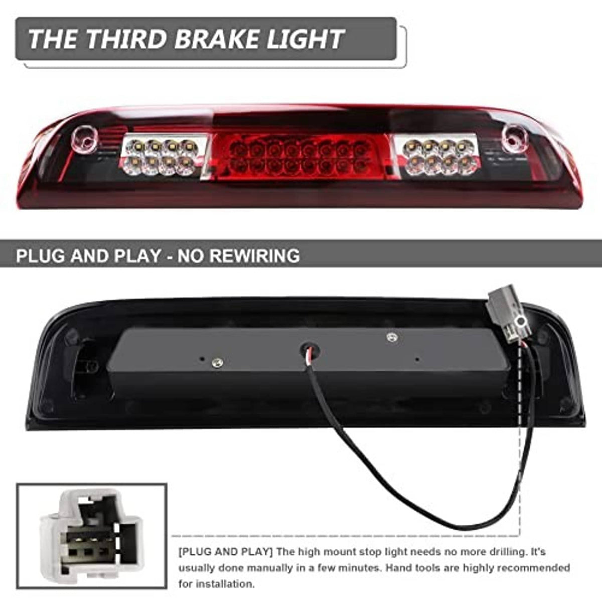LED third brake light bar with red lens center and white LED clusters, rear wiring view