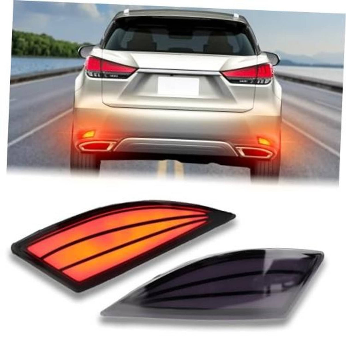 Smoked LED rear bumper reflector light pair with red illuminated bars, curved lens