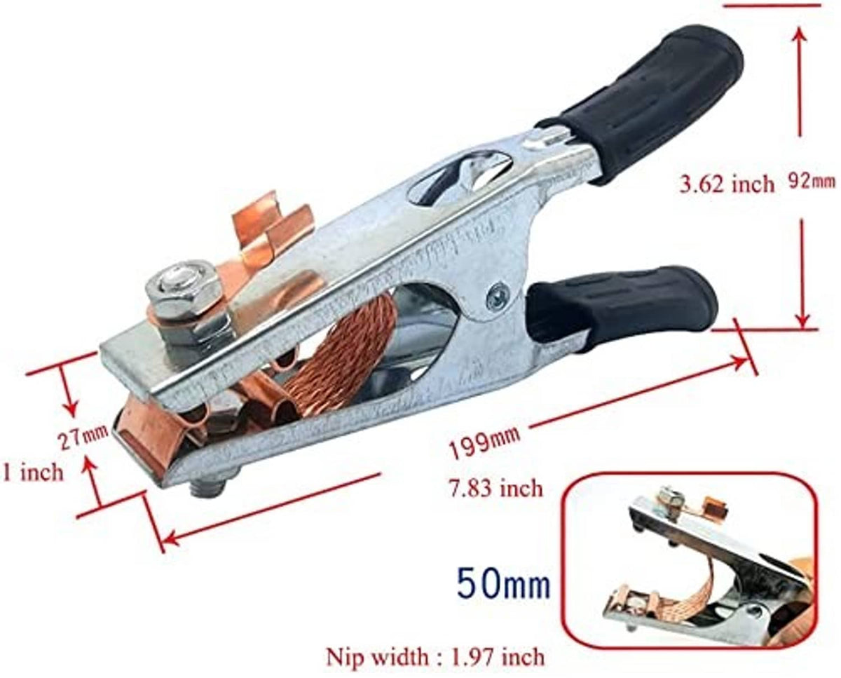 Ground cable clamp with copper braid, black insulated handle, and metal base