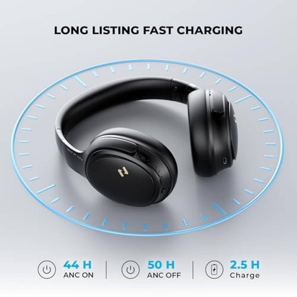 Black over-ear wireless headphones from above with padded ear cushions and side controls