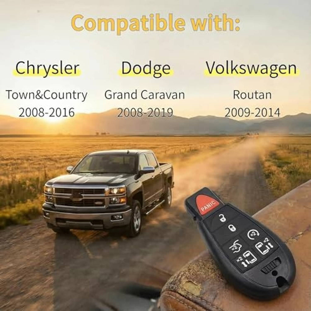Black keyless remote fob with red PANIC button and lock/unlock icon buttons