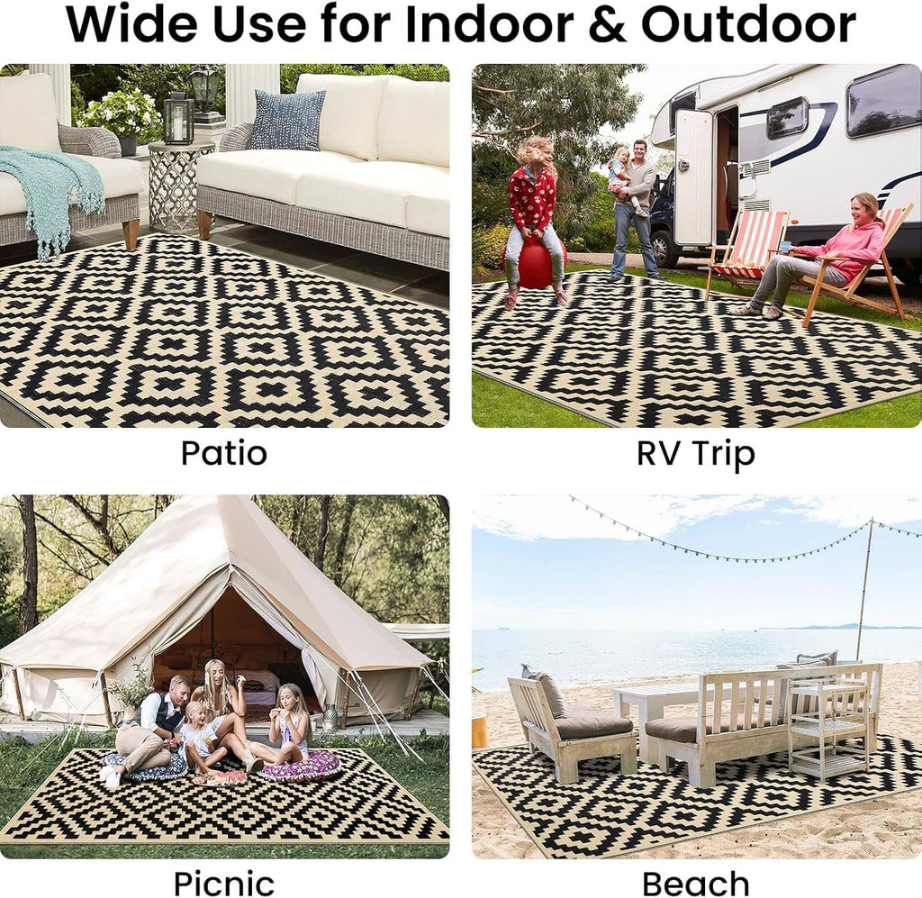 Black and beige geometric outdoor rug shown in patio, RV, picnic, and beach settings.