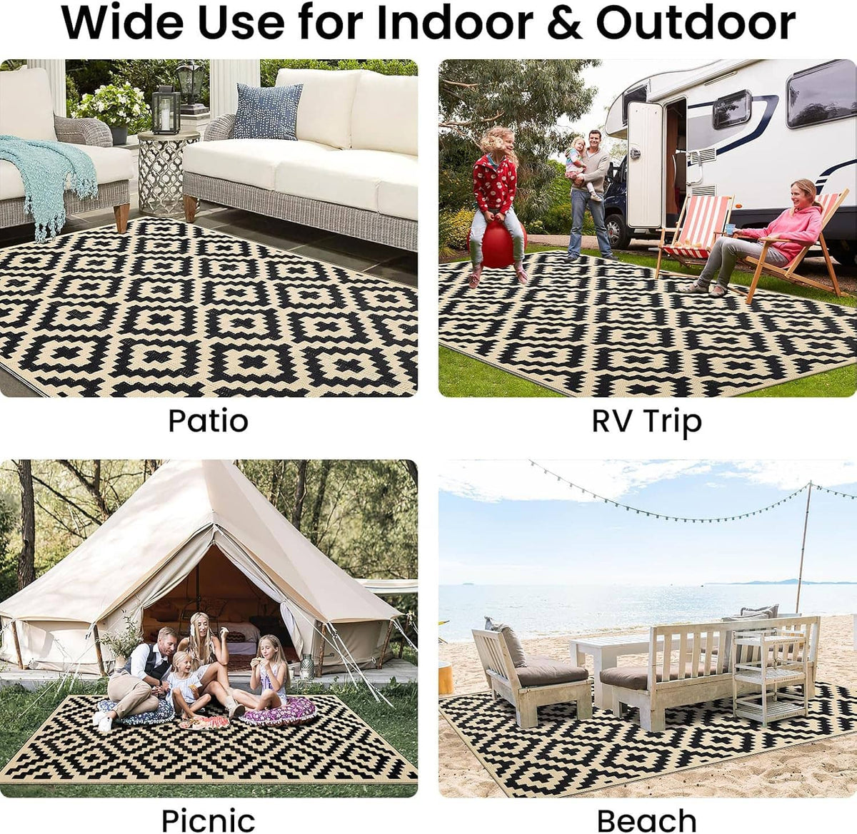 Black and beige geometric outdoor rug shown in patio, RV, picnic, and beach settings.
