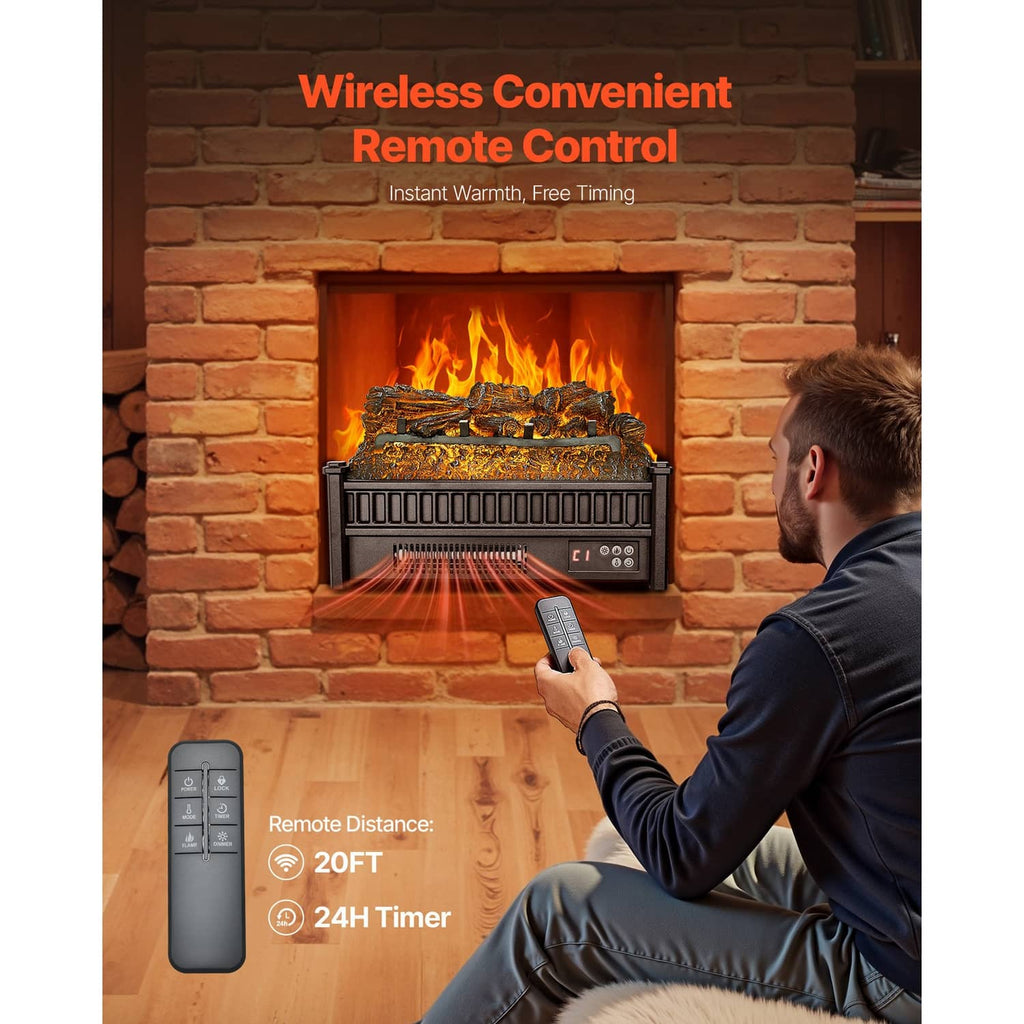 Electric log heater with faux logs and handheld remote control pointed toward the unit