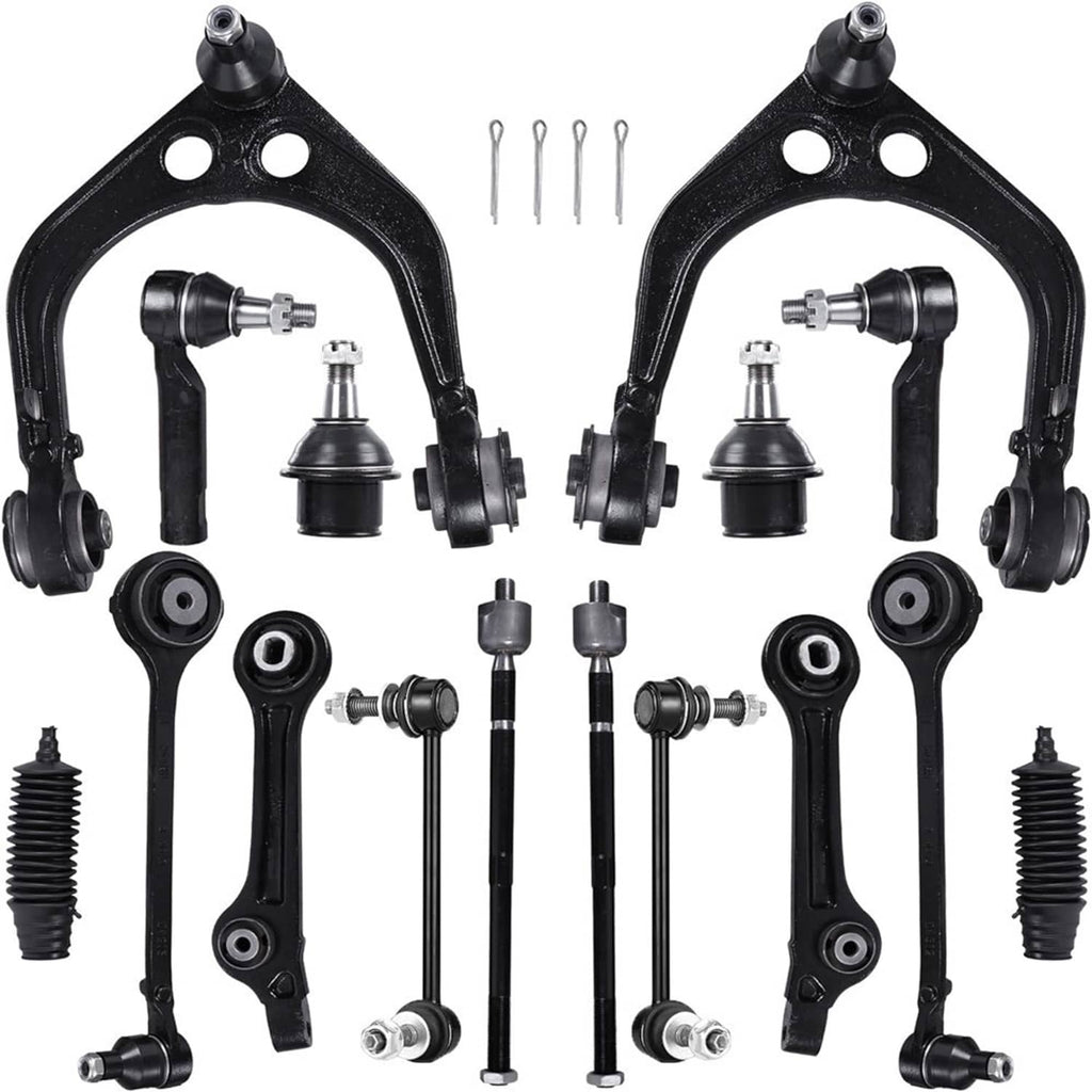 16-piece front control arm suspension kit with black arms, ball joints, pins, and boots