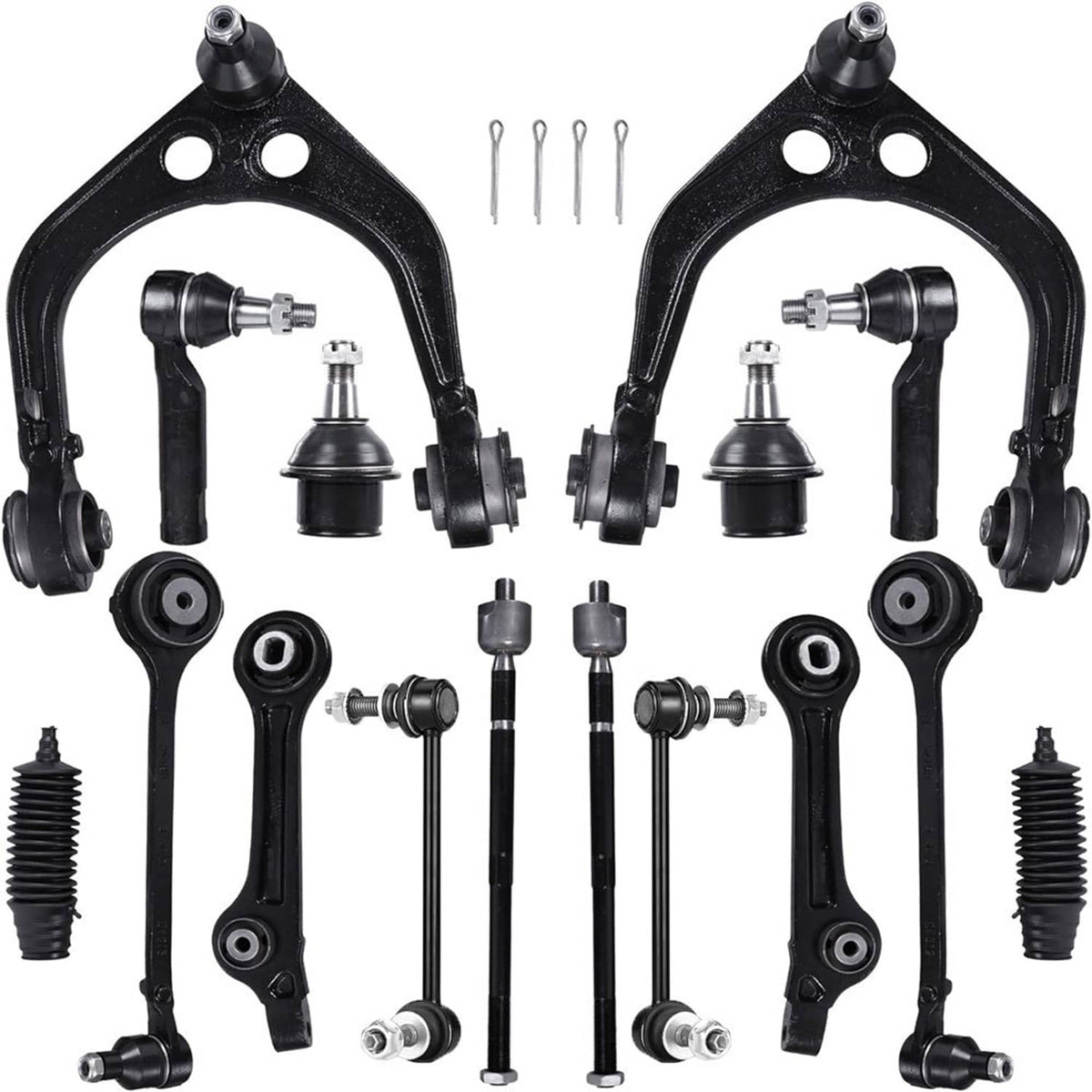 16-piece front control arm suspension kit with black arms, ball joints, pins, and boots