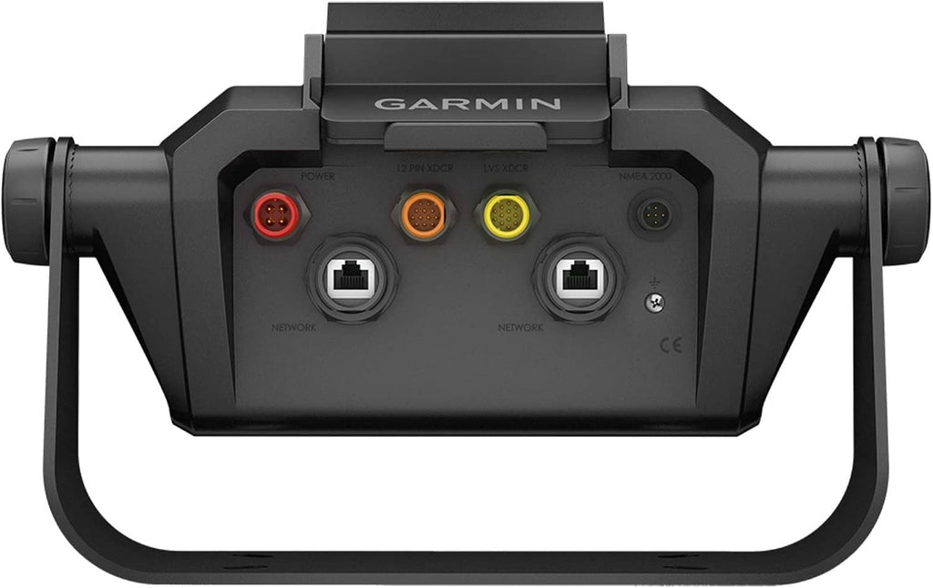 Garmin mount cradle featuring front connector block with red, orange, and yellow rings, dark