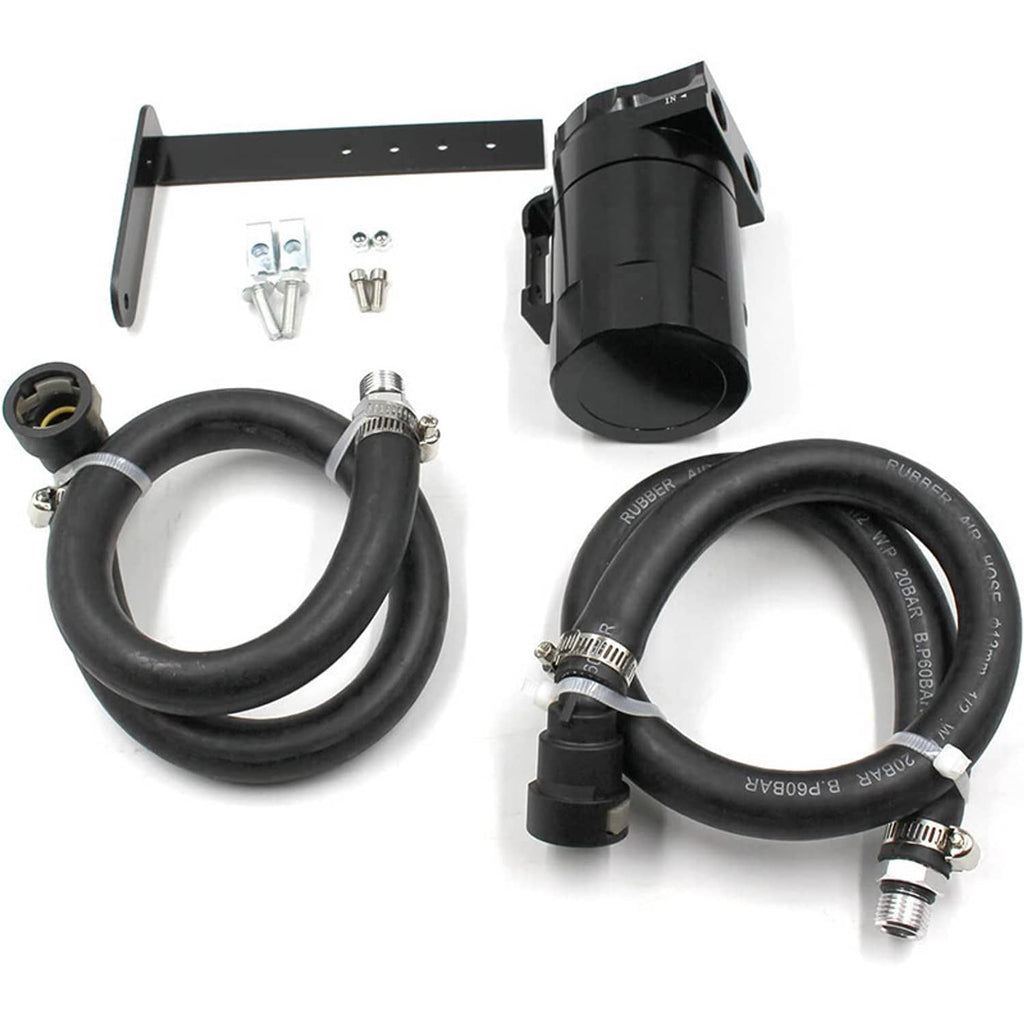Black oil catch can tank with mounting bracket, hoses, clamps, and hardware kit
