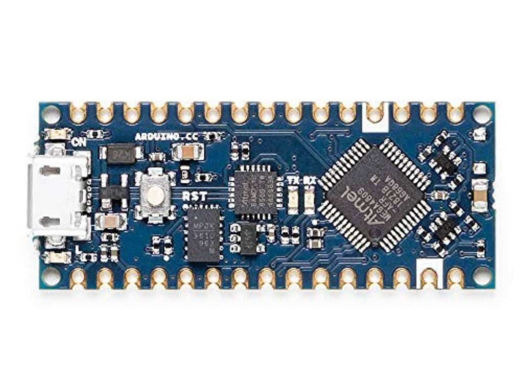 Arduino Nano Every microcontroller board, front view with gold pin header