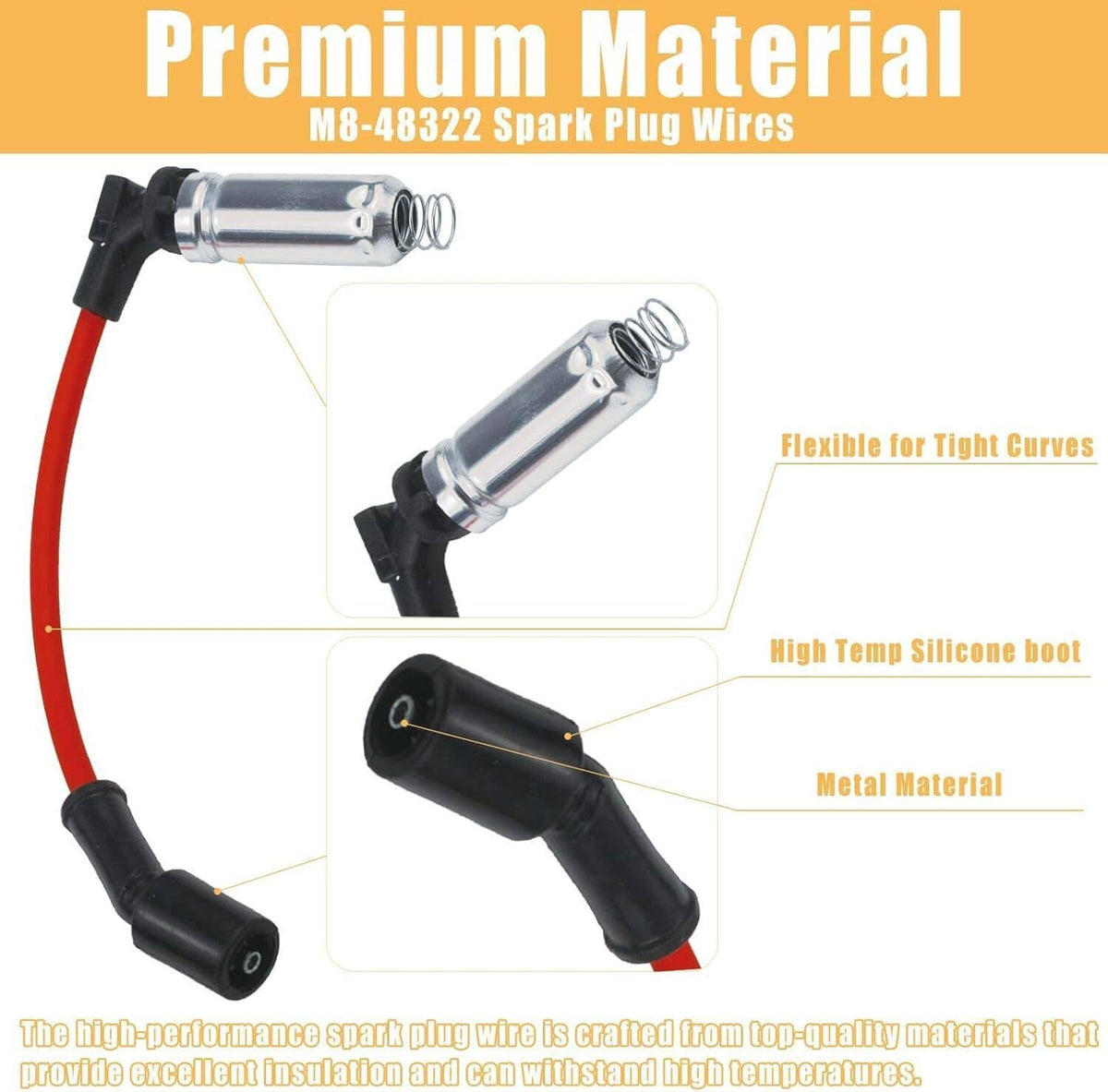 Spark plug wire set with red silicone leads, black boots, and silver connector terminals.