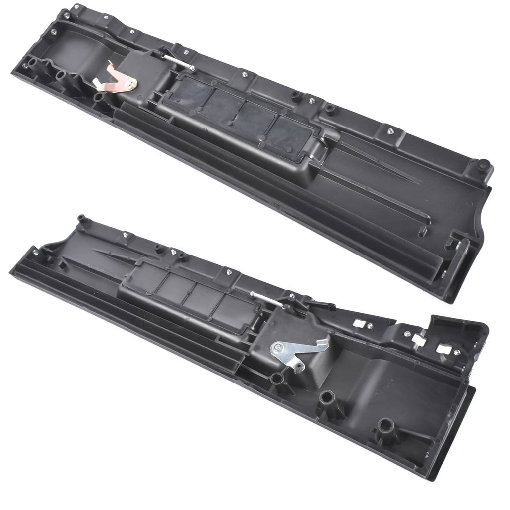 Pair of dark gray interior door handle assemblies with exposed latch hardware