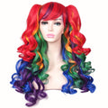 Rainbow long curly wig, front view with red, green, blue, and purple ringlets