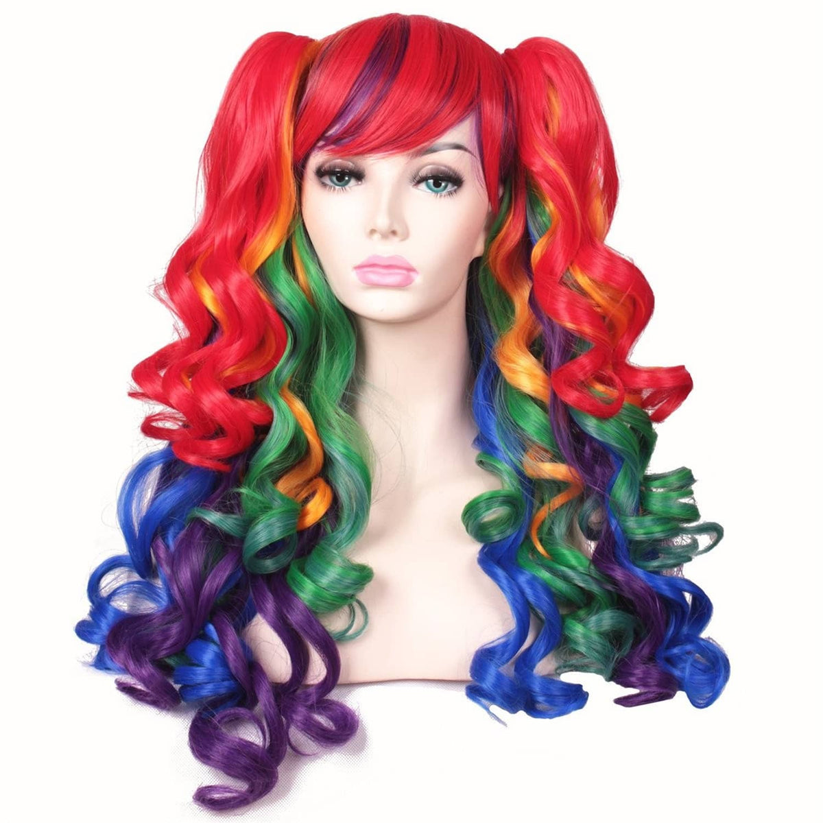 Rainbow long curly wig, front view with red, green, blue, and purple ringlets