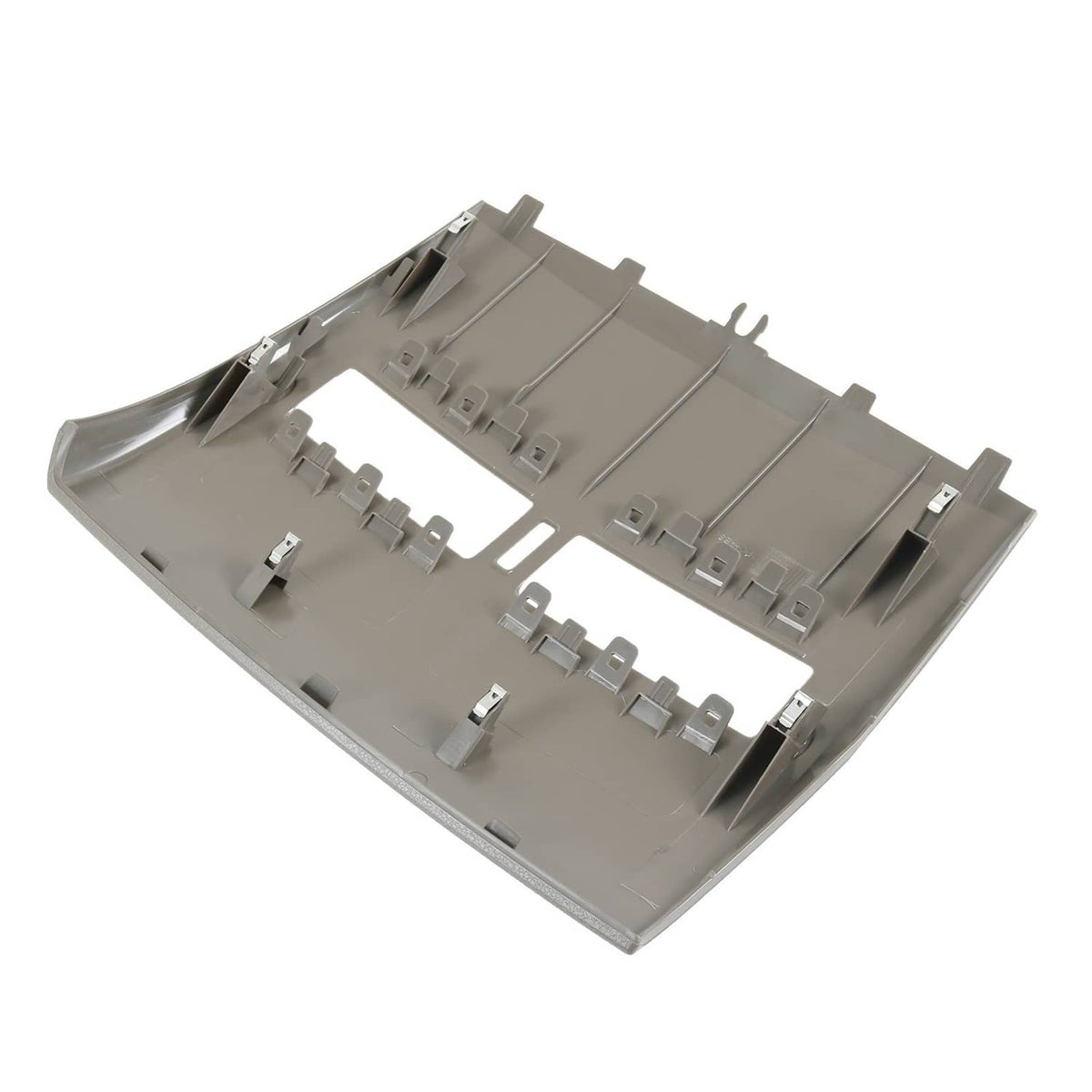 Gray underside mounting base for dashboard bezel lid with multiple retention tabs