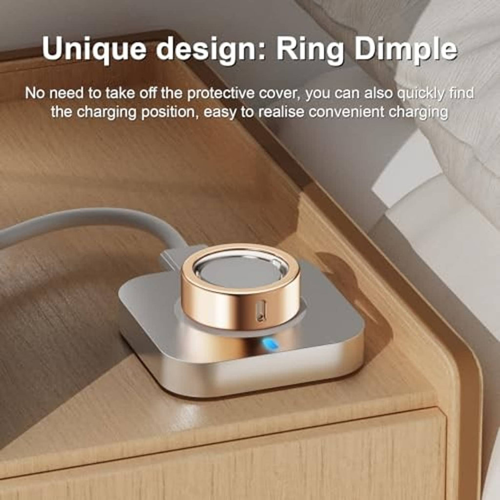 Gold ring cover on a charging dock with blue indicator light