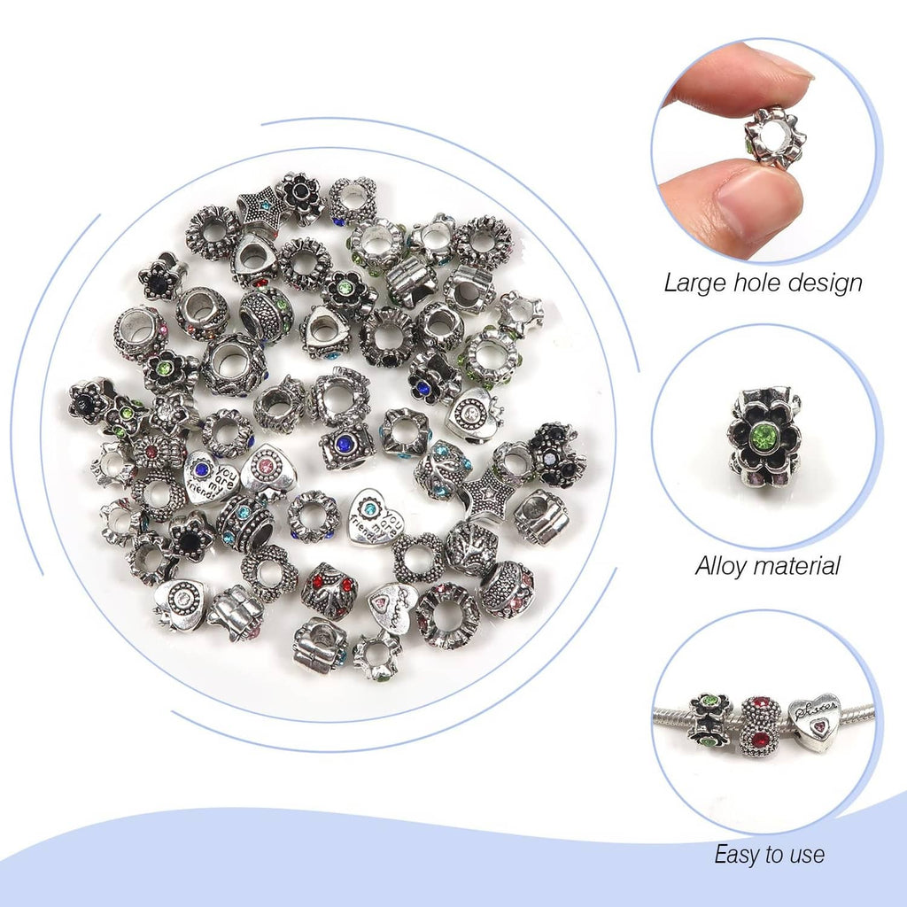 Assorted silver-tone alloy charm beads with colorful rhinestones and large hole openings